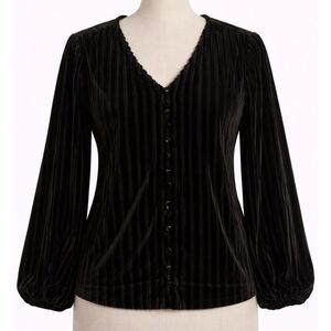 Indigo Thread Co. Ribbed Black Velvet Button Front Blouse XS